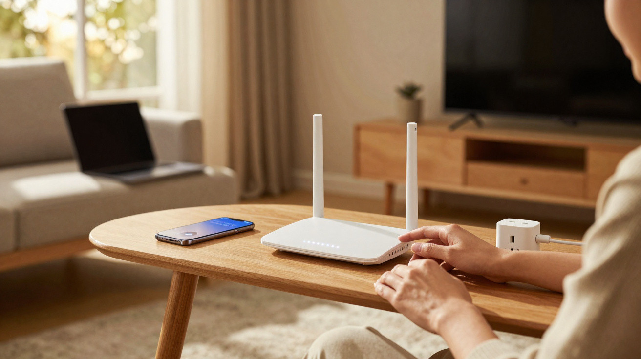 Pessoa a configurar um router Wi-Fi branco numa mesa de madeira numa sala moderna com telemóvel e computador.