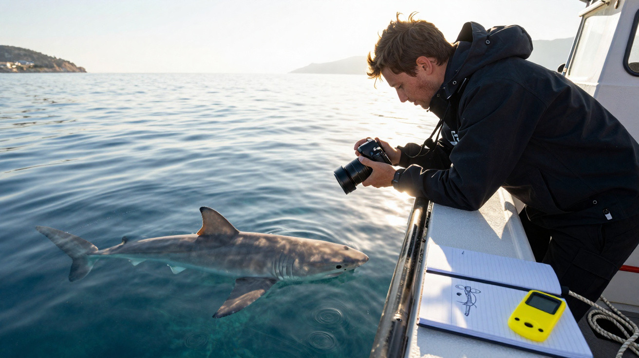 Homem numa embarcação a fotografar tubarão que nada próximo da superfície do mar calmo.
