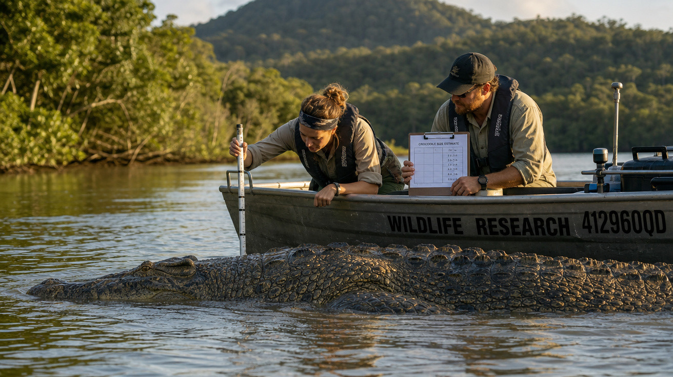 Dois cientistas num barco a estudar um crocodilo gigante na água, rodeados por vegetação densa.