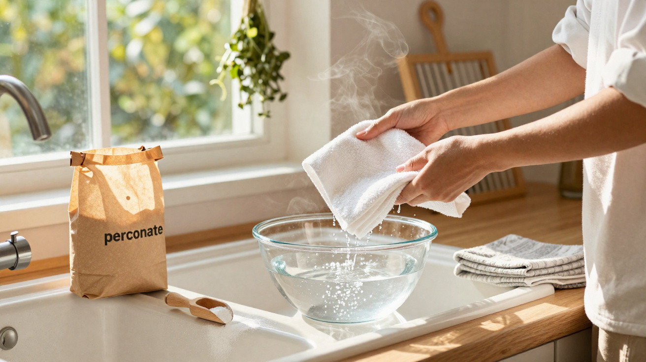 Pessoa a limpar um pano branco com pó numa tigela de vidro com água num balcão de cozinha iluminado.
