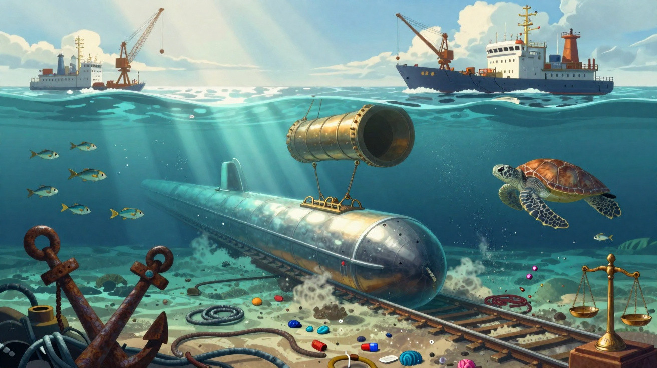 Submarino junto a via férrea submarina com tartaruga, peixes, lixo e navios na superfície do mar.