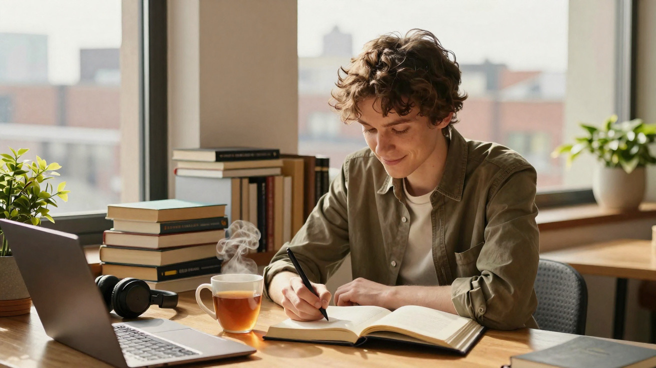Jovem sentado a escrever num caderno, com chá quente, livros e computador numa mesa perto da janela.