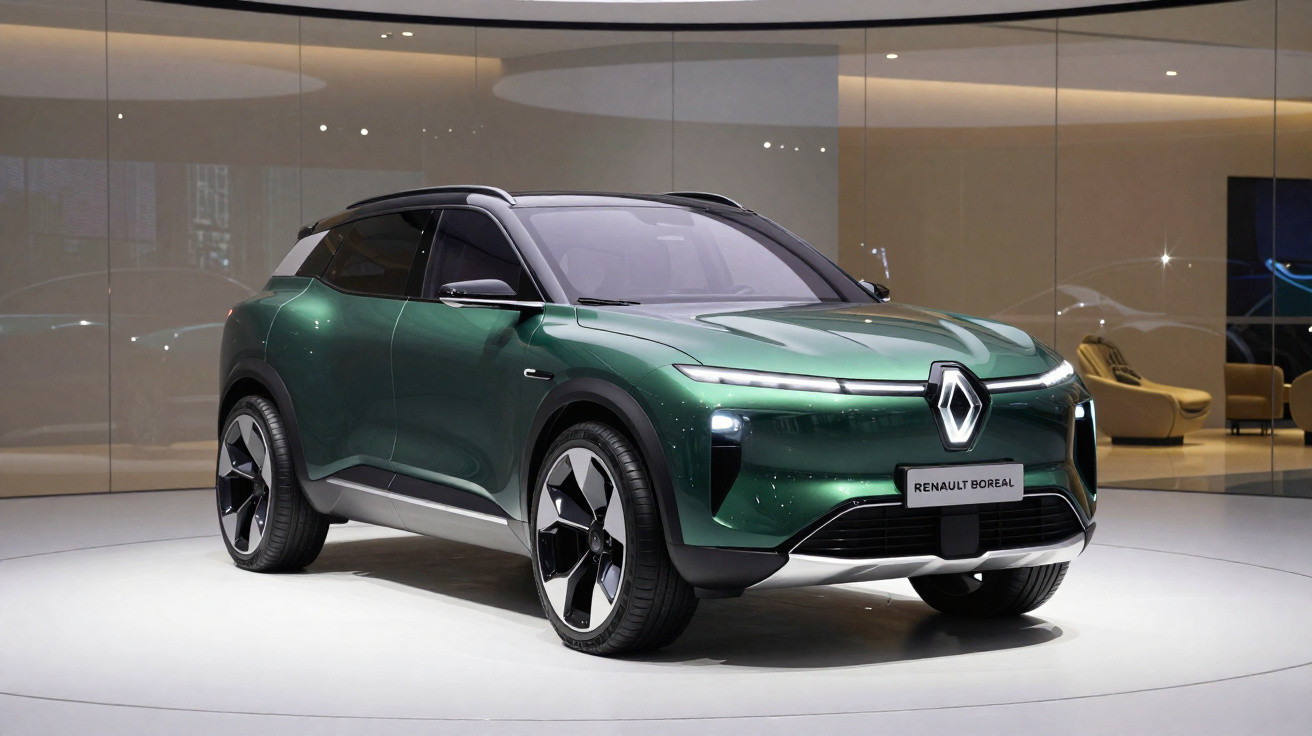 Automóvel SUV elétrico verde Renault Boreal num showroom moderno com rodas grandes e design futurista.