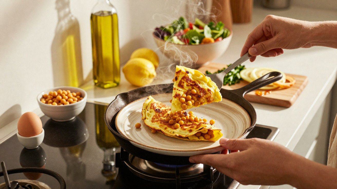 Pessoa a retirar omelete com grão-de-bico da frigideira para um prato na cozinha.