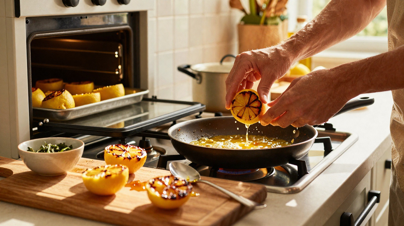 Mãos a espremer limão grelhado sobre uma frigideira com ingredientes, numa cozinha iluminada.
