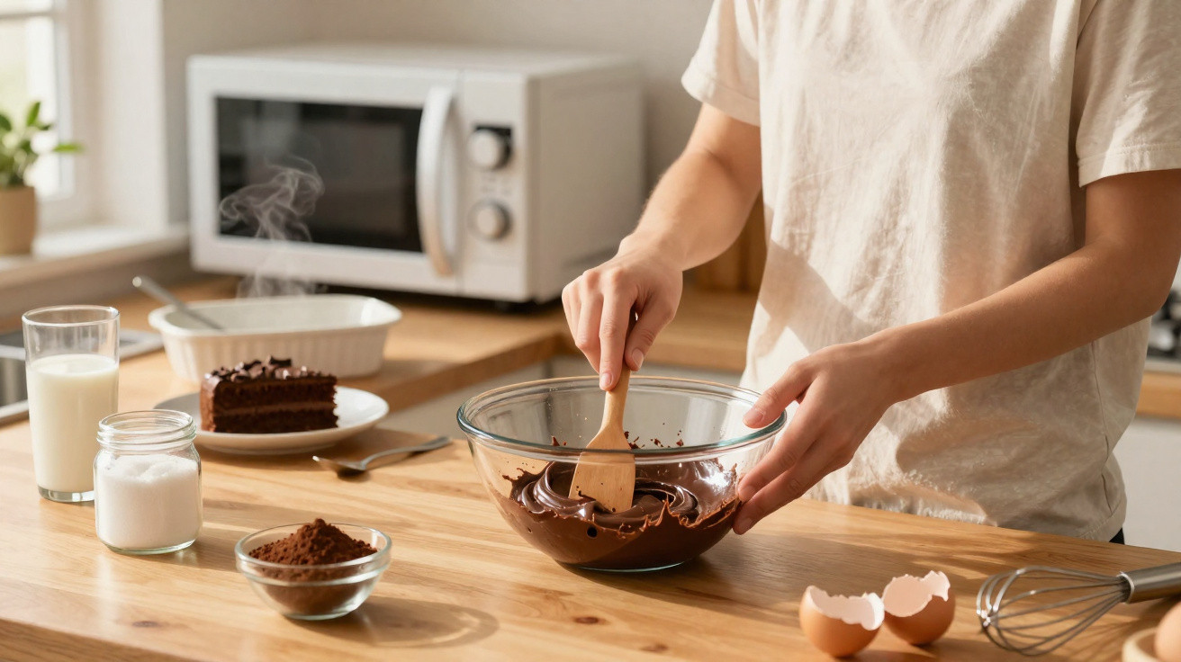 Pessoa a mexer chocolate derretido numa taça de vidro numa cozinha com ingredientes para bolos na bancada.