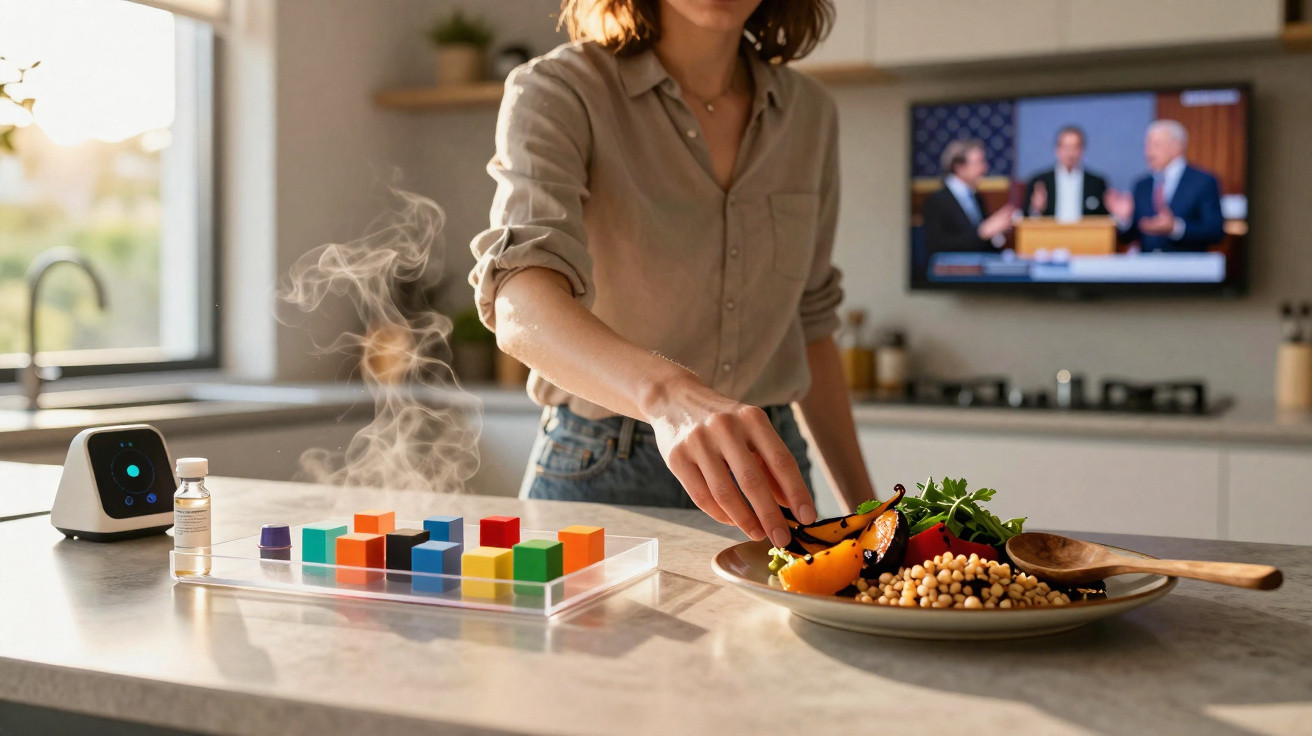 Pessoa a preparar uma refeição saudável na cozinha moderna, com legumes e grão-de-bico no prato.