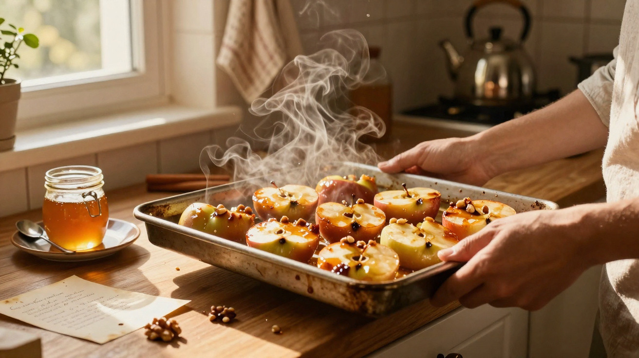 Mãos a segurar tabuleiro com maçãs assadas e a fumegar numa cozinha com mel e receita ao lado.