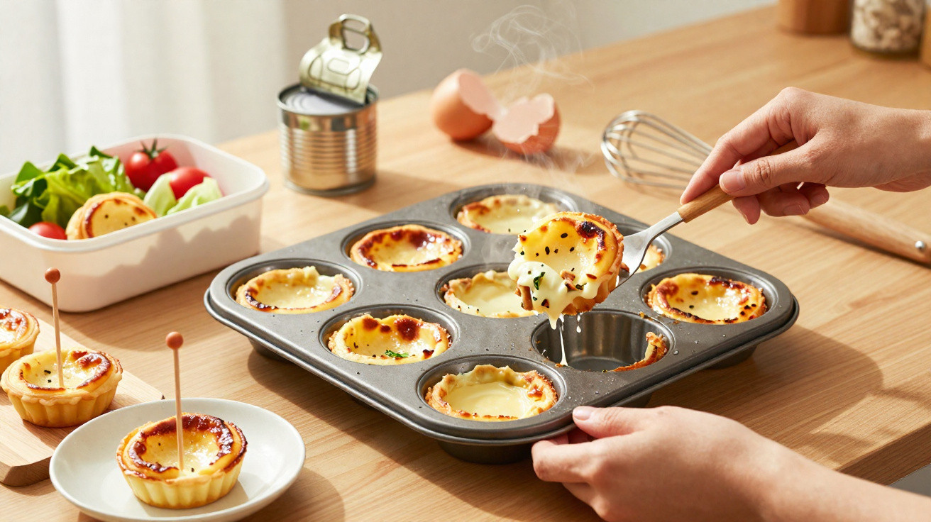Mãos a retirar pastel de nata fumegante de forma metálica, com salada e latas no fundo.