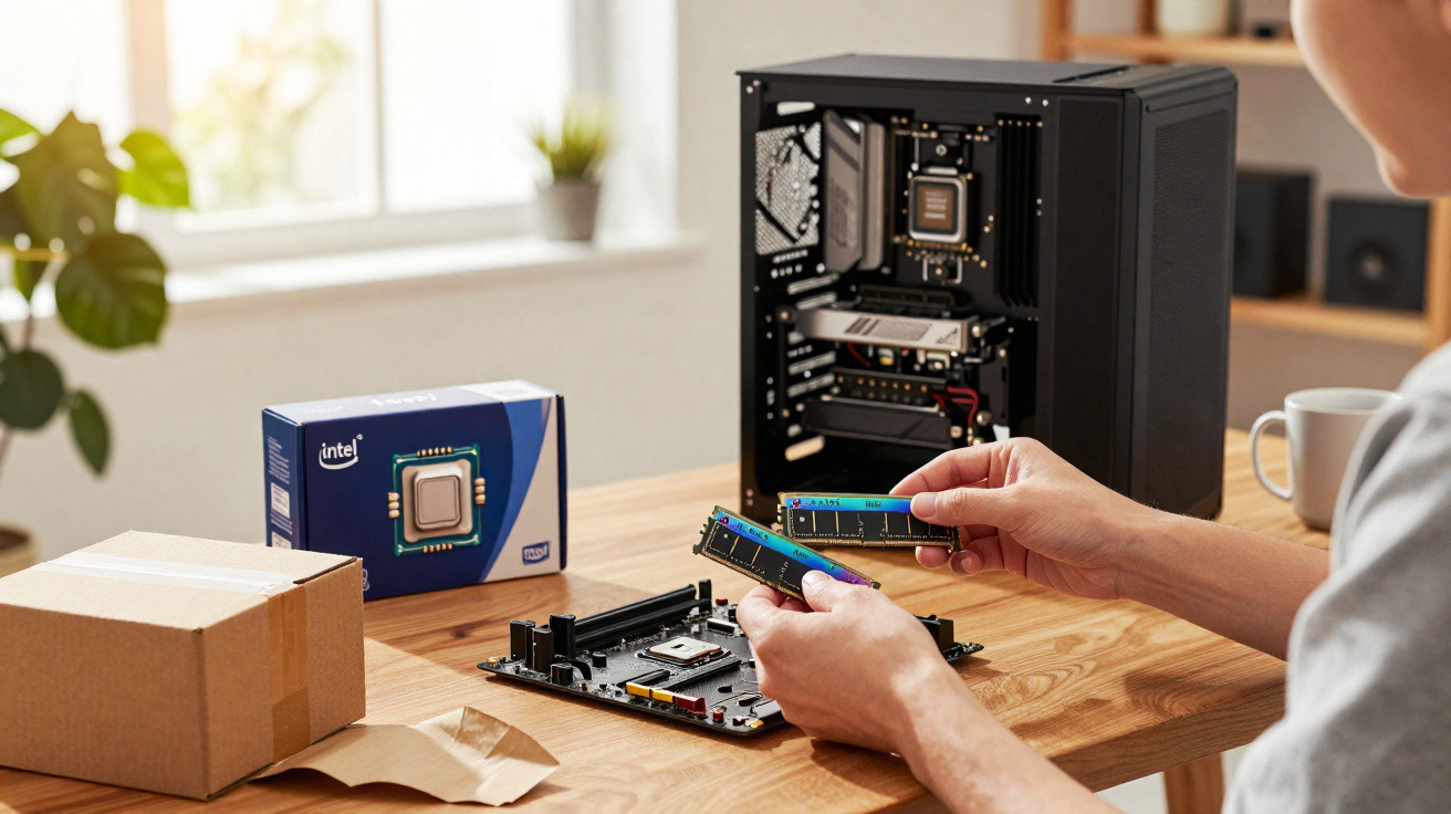 Pessoa a montar componentes de computador, incluindo RAM e processador, numa secretária junto a um PC aberto.