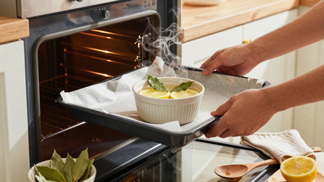 Mãos a colocar tabuleiro com prato fumegante e folhas de louro no forno de cozinha moderna.