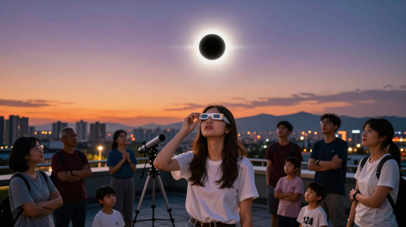 Pessoas observam eclipse solar com óculos especiais numa noite ao ar livre numa cidade com montanhas ao fundo.