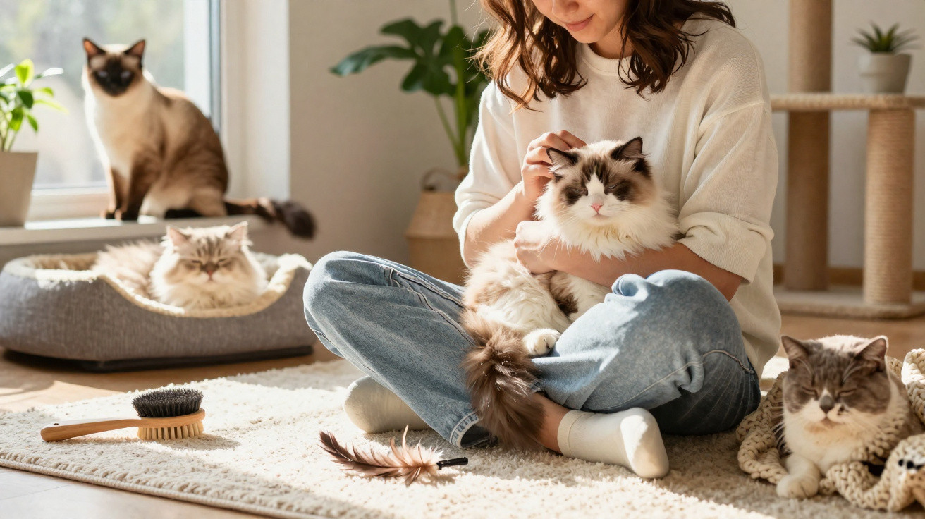 Mulher sentada no chão acariciando um gato rodeada de outros quatro gatos num ambiente acolhedor.