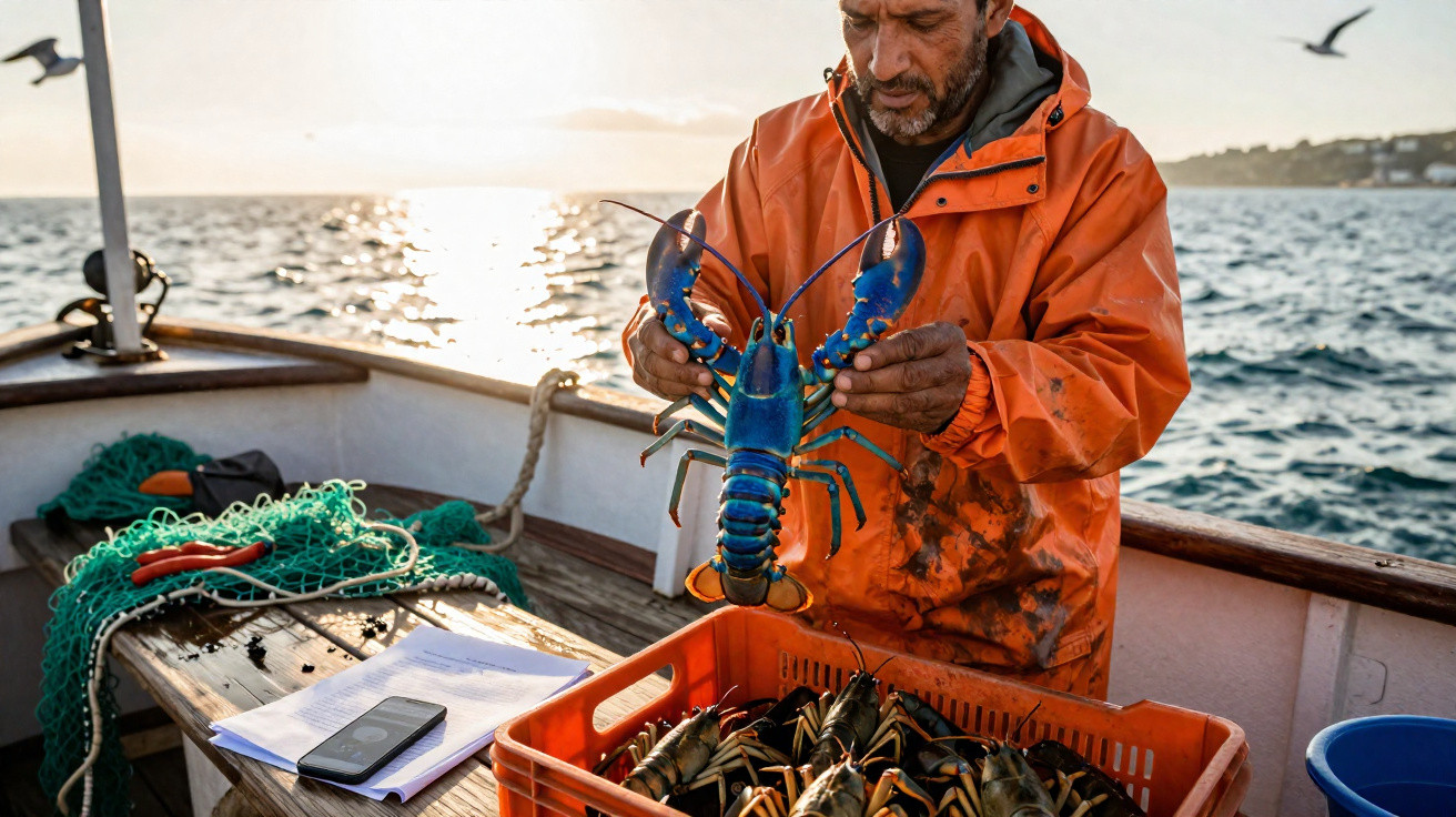 Pescador com fato laranja a segurar uma lagosta azul num barco ao pôr do sol no mar.