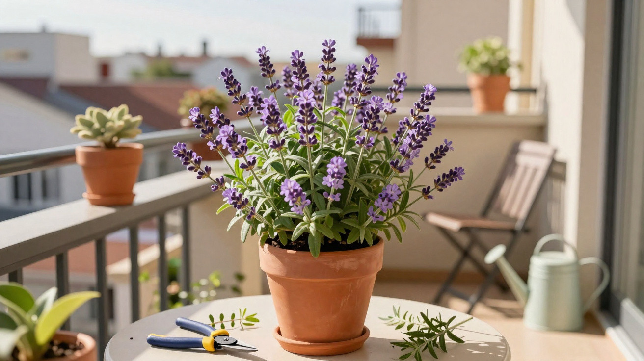 Vaso de barro com flores de lavanda num pátio ensolarado, com tesoura de poda e regador.