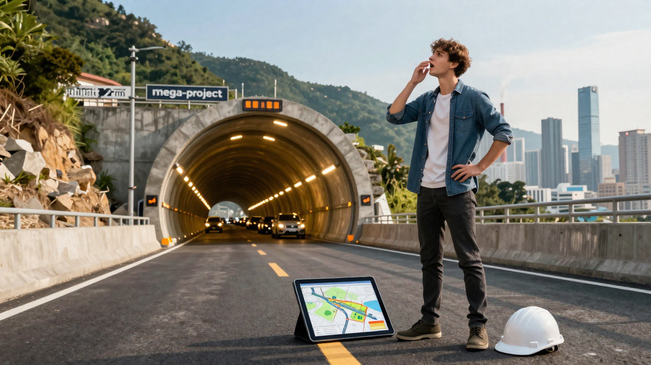 Homem em estrada junto a capacete e tablet com mapa digital, em frente à entrada de um túnel iluminado.