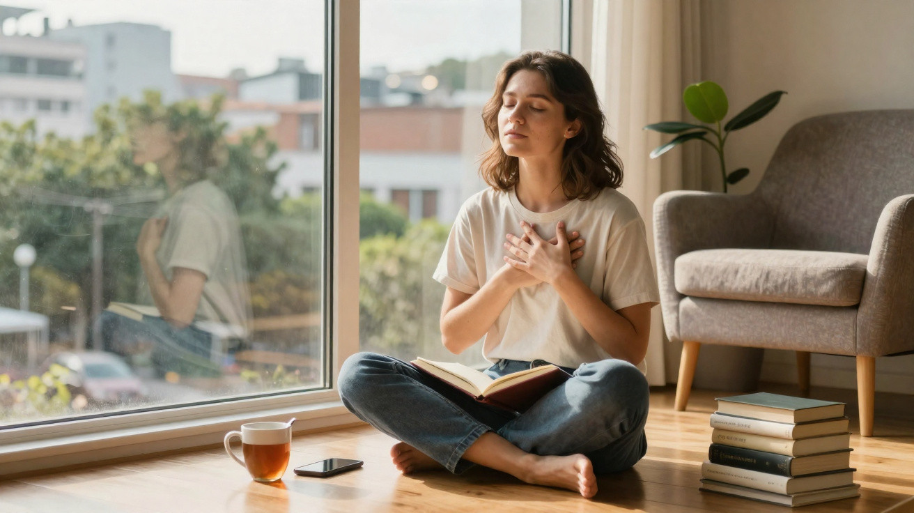 Mulher sentada junto à janela em meditação com livro aberto, chá, e pilha de livros ao lado.