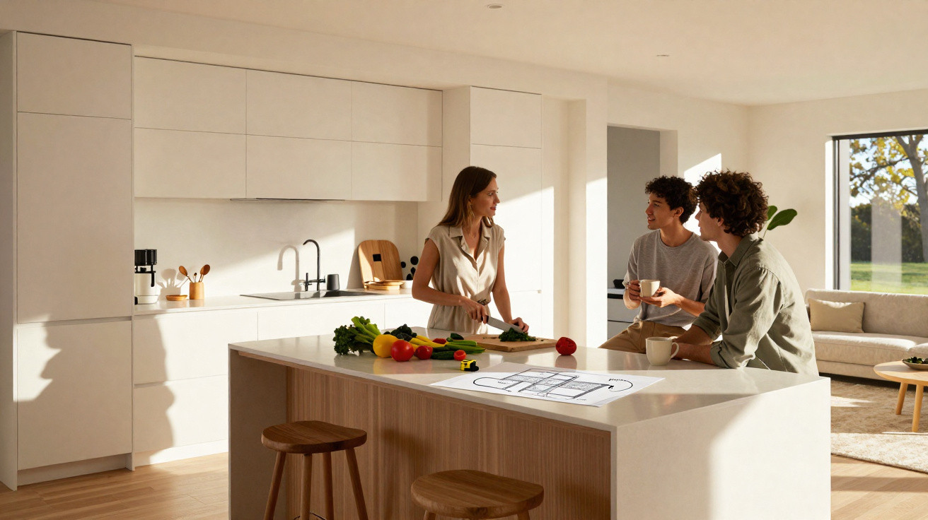 Três pessoas numa cozinha moderna, mulher a cortar legumes e homens a beber chá à mesa da ilha central.