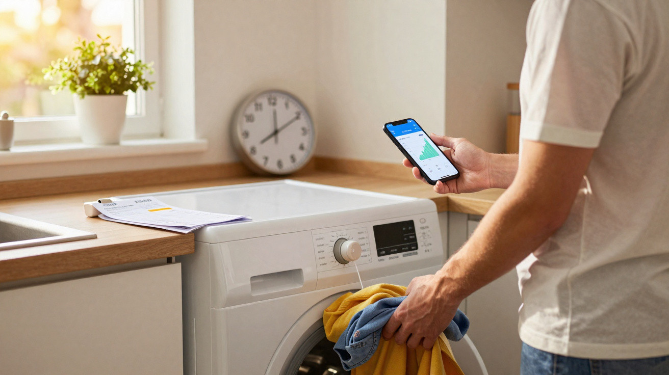 Pessoa a usar smartphone para controlar máquina de lavar roupa branca numa cozinha iluminada.