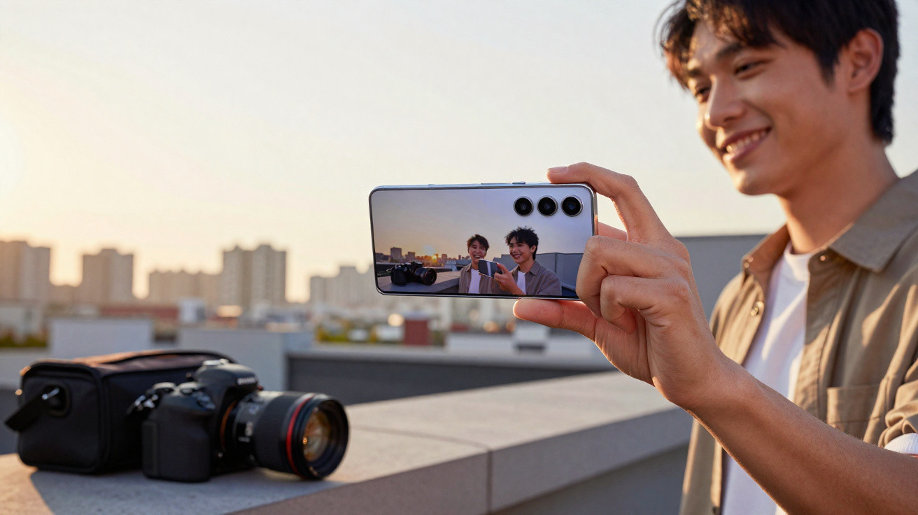 Homem sorridente a tirar selfie com smartphone num terraço ao pôr do sol, com câmara profissional ao lado.