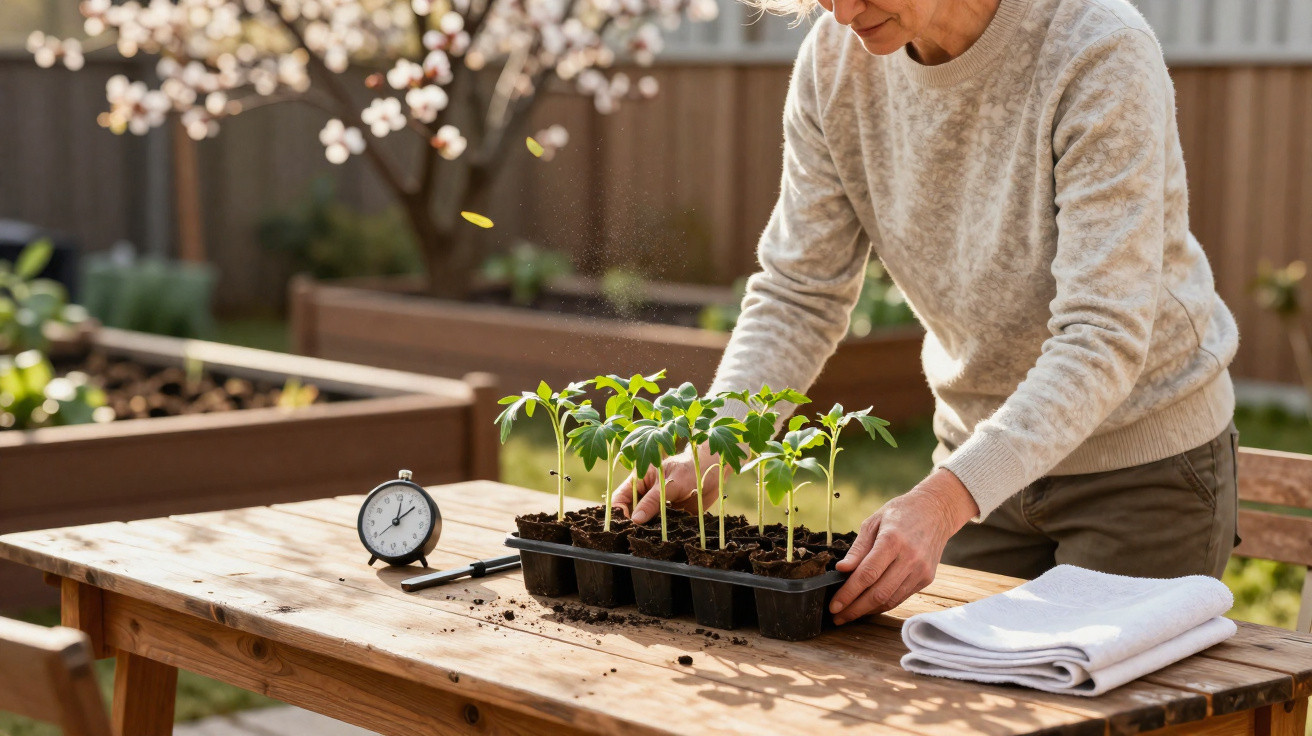 Pessoa a cuidar de plantas jovens num tabuleiro de vasos num jardim solarengo com uma mesa de madeira.