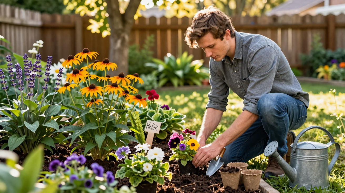 Homem a plantar flores coloridas num jardim durante o dia com regador ao lado.