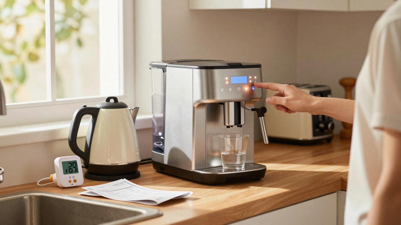 Pessoa a usar máquina de café e chaleira eléctrica numa cozinha moderna com luz natural.