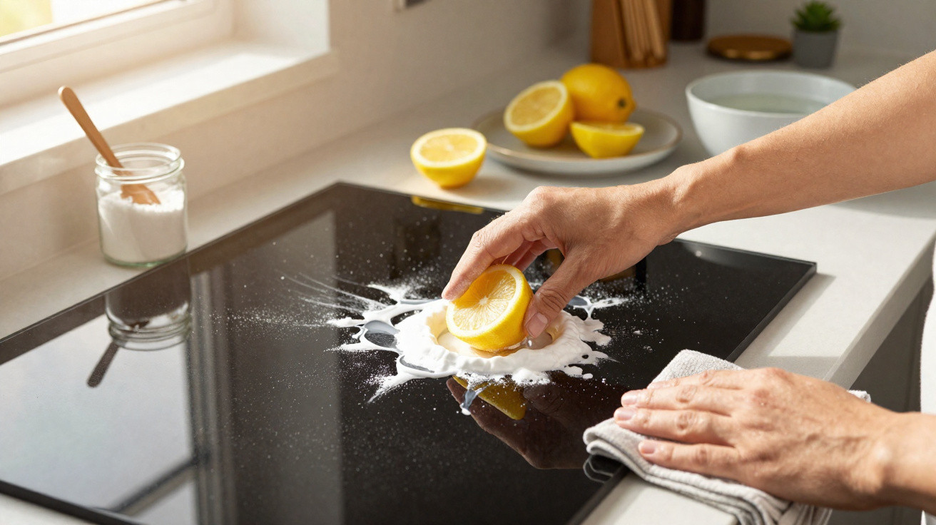 Mãos a limpar queimador de fogão vitrocerâmico com meio limão e sal, pano na bancada da cozinha.
