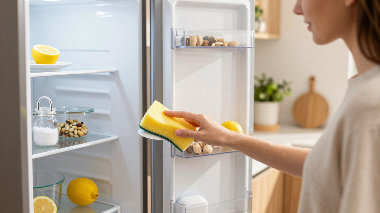 Pessoa a limpar a porta de um frigorífico com uma esponja amarela na cozinha moderna.