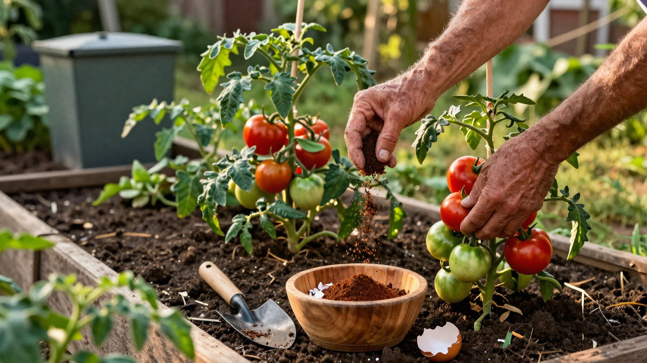 Mãos a adubar pés de tomateiros com fertilizante natural em canteiro de jardim com tomates maduros e verdes.