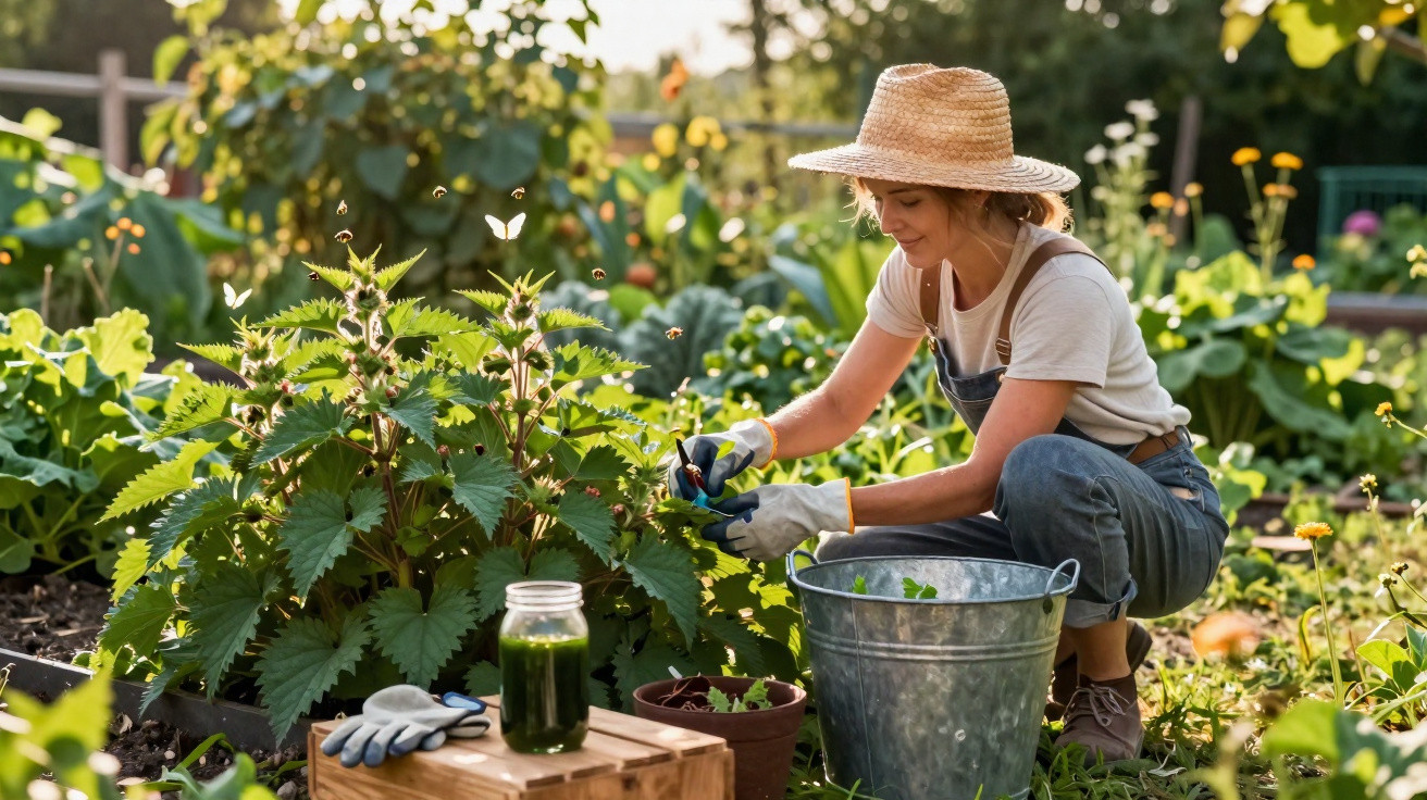 Mulher de chapéu a cuidar de plantas num jardim, rodeada de vegetação e ferramentas de jardinagem.