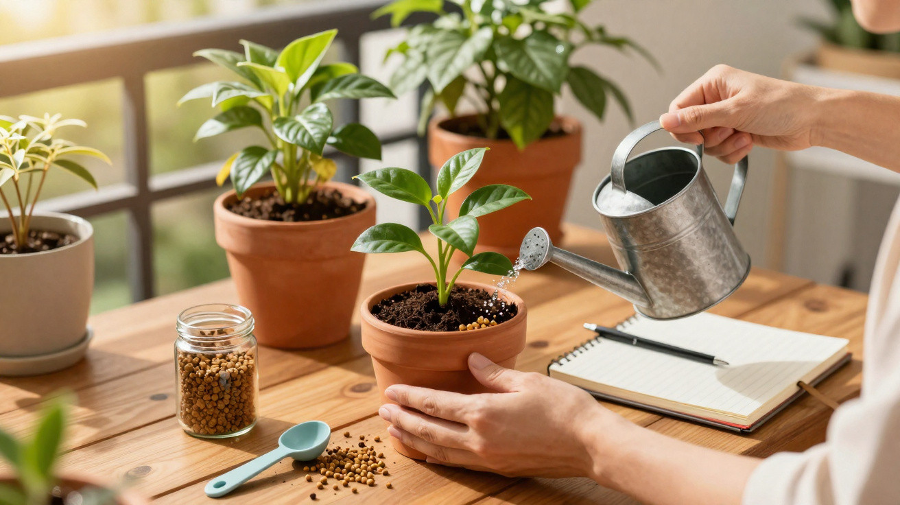 Pessoa a regar planta em vaso de barro numa mesa com outras plantas e utensílios de jardinagem.