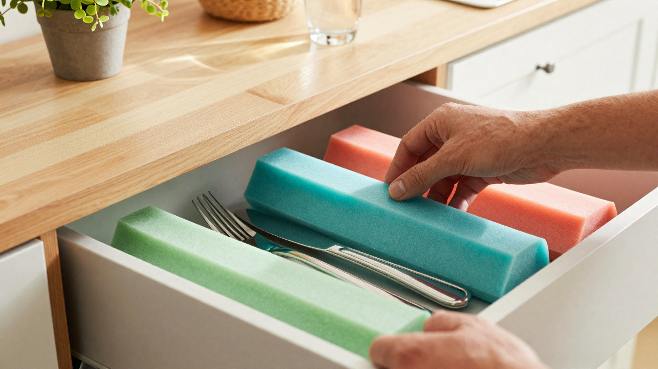 Mão a guardar cubos de esponja coloridos numa gaveta de cozinha com talheres.