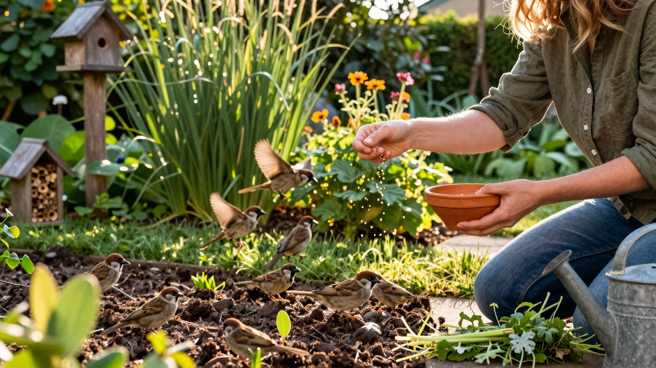 Pessoa a alimentar pássaros no jardim com plantas e flores ao fundo, durante o dia.