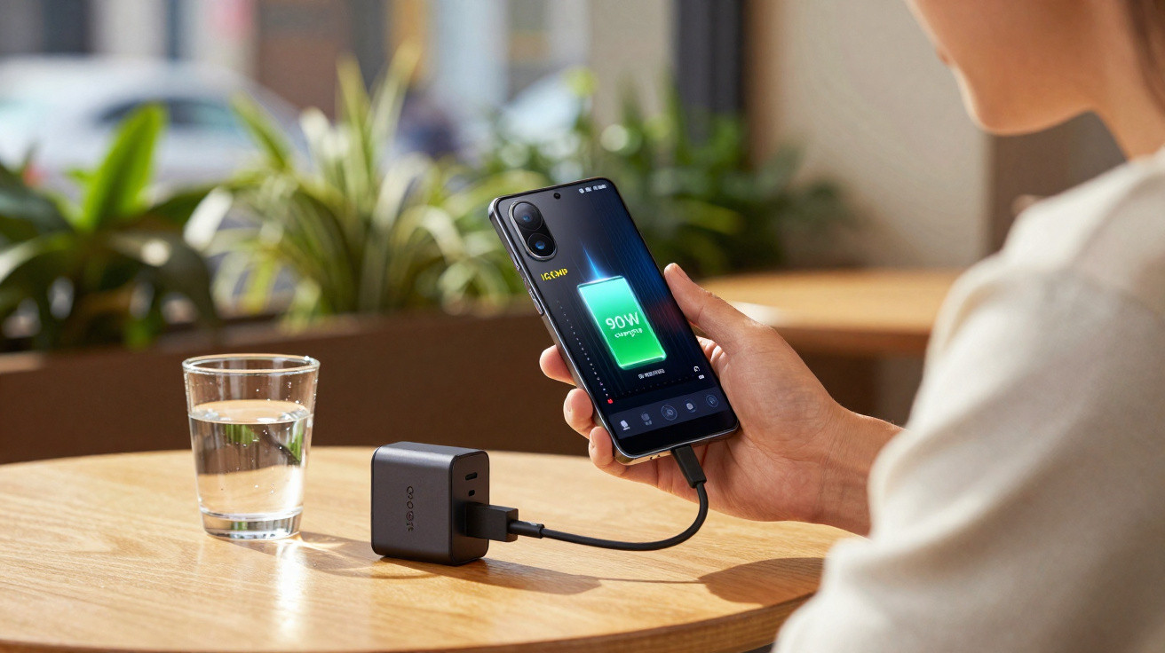 Pessoa a carregar telemóvel com carregador de 90W numa mesa ao lado de um copo de água e plantas desfocadas.