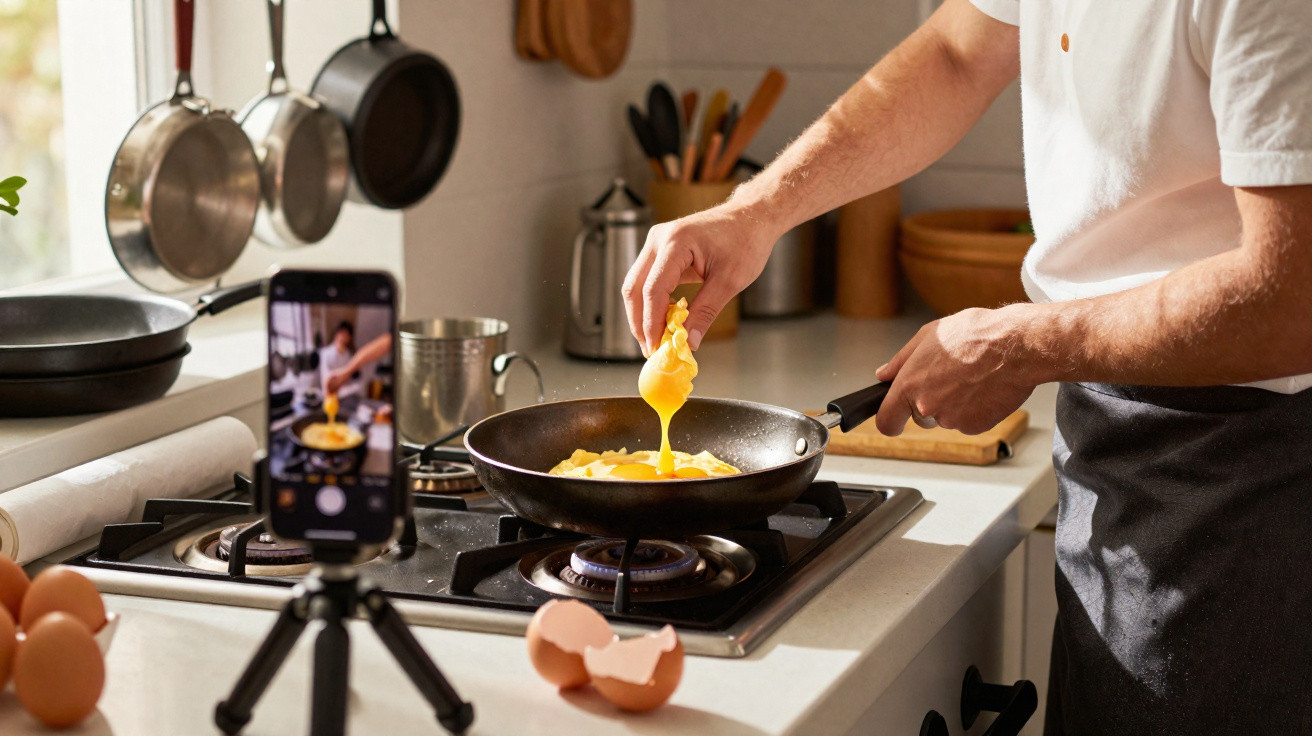Pessoa a cozinhar ovos mexidos numa frigideira enquanto grava com telemóvel numa cozinha doméstica.