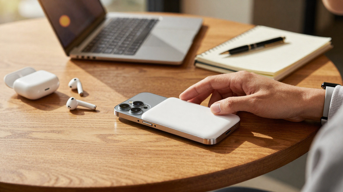 Mesa de madeira com computador portátil, auriculares, caderno e mão segurando um telemóvel com power bank.