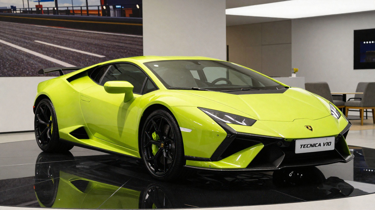 Carro desportivo Lamborghini Technica V10 verde-limão exibido em showroom moderno.