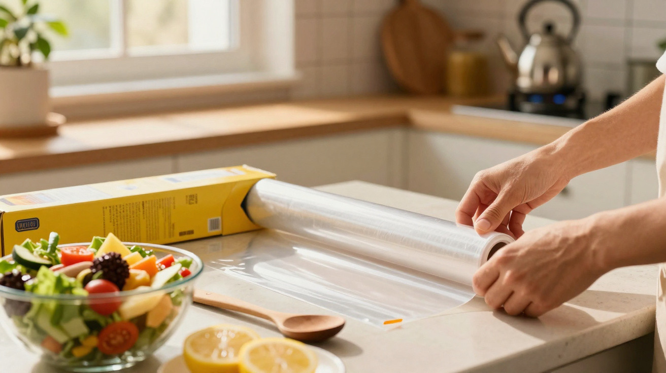 Mãos desenrolando película aderente numa cozinha com salada, limões e utensílios ao fundo.
