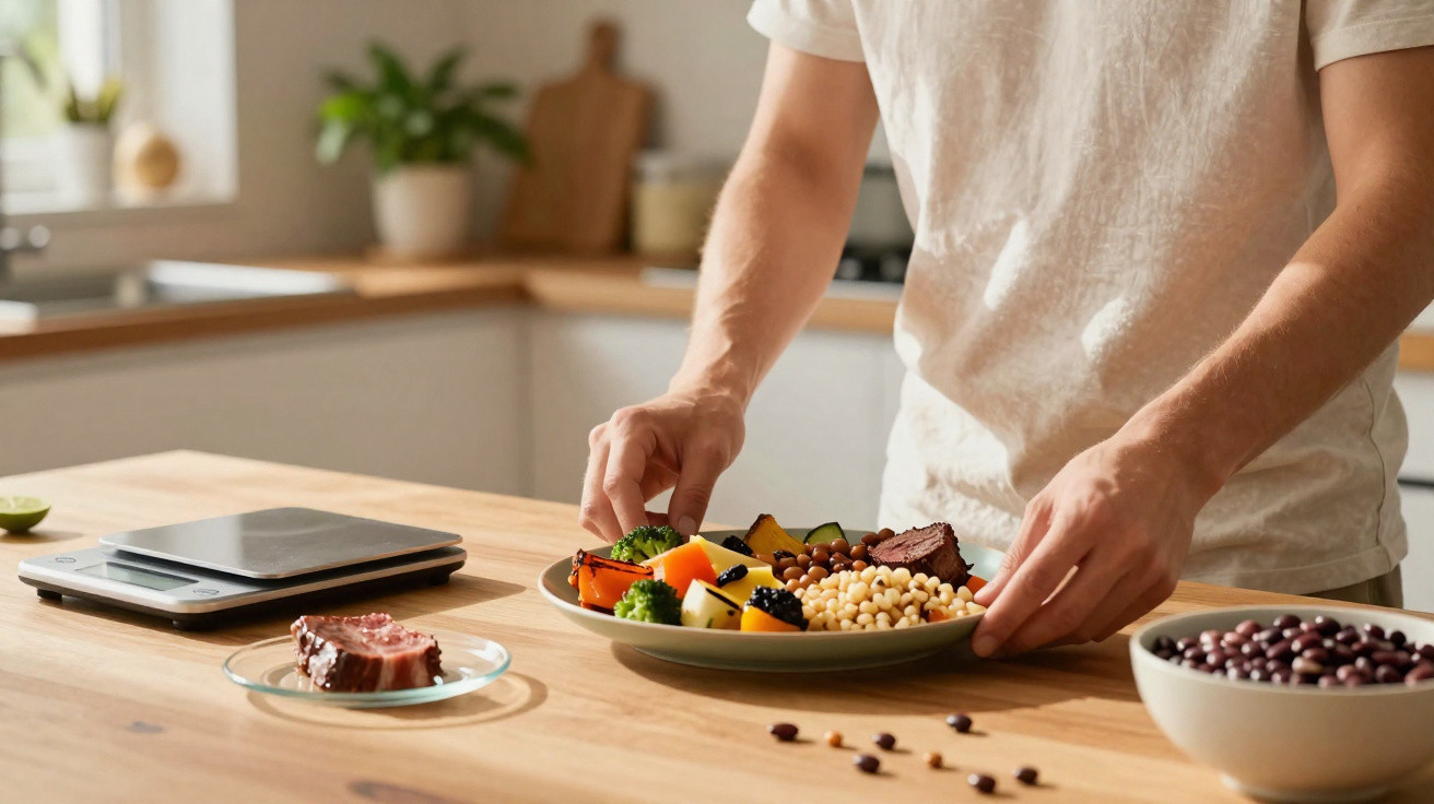 Pessoa a preparar prato com legumes, carne e leguminosas numa cozinha moderna e luminosa.