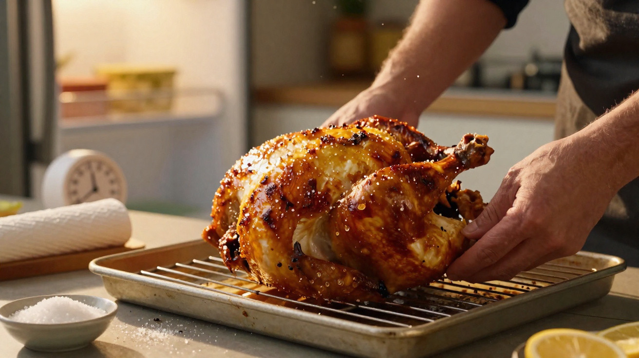 Pessoa a colocar frango assado dourado num tabuleiro metálico numa cozinha iluminada.