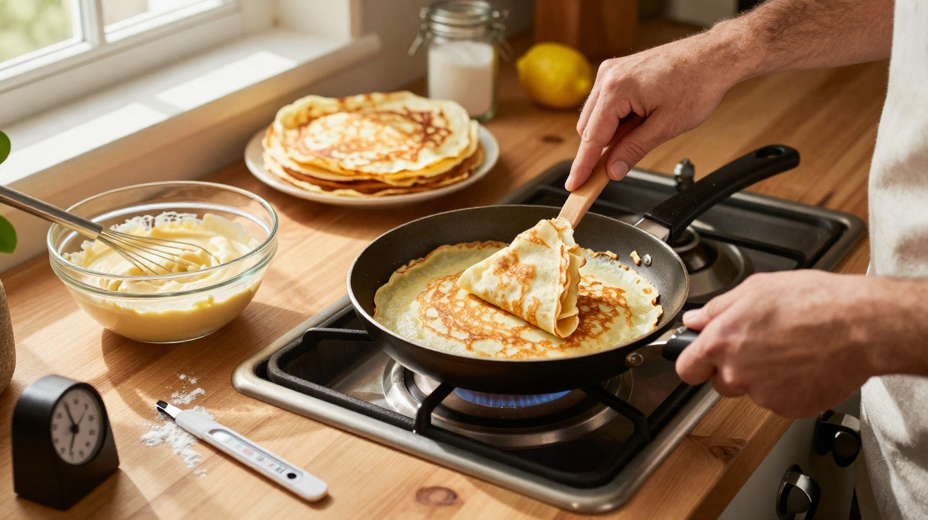 Pessoa a cozinhar panquecas numa frigideira em fogão a gás, com massa e panquecas já feitas na bancada.