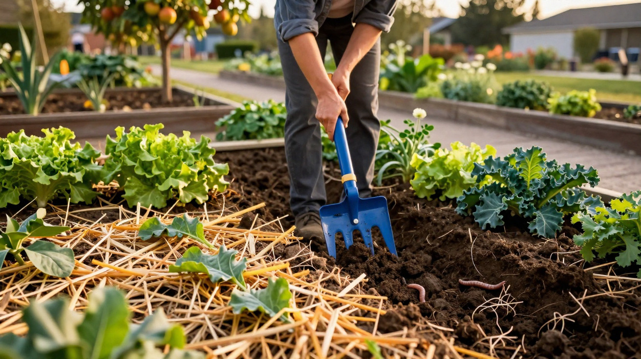 Pessoa a cultivar terra numa horta com várias plantas verdes e minhocas visíveis no solo.