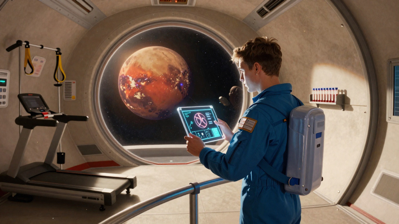 Astronauta dentro de estação espacial a analisar dados num tablet com visão do planeta vermelho pela janela circular.
