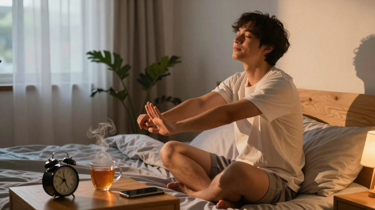 Jovem a alongar os braços sentado na cama ao amanhecer com chá, telemóvel e despertador na mesa.