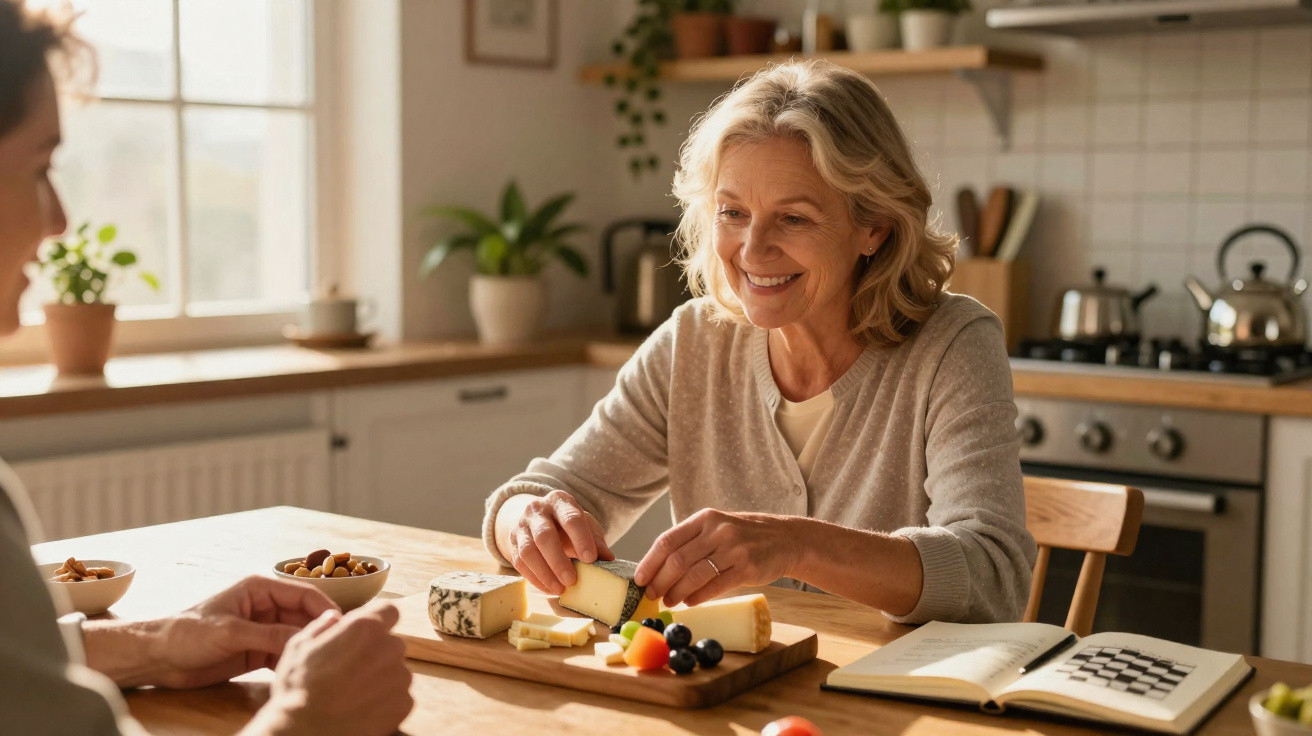 Mulher sorridente a cortar queijo numa tábua com frutas numa cozinha acolhedora e iluminada.