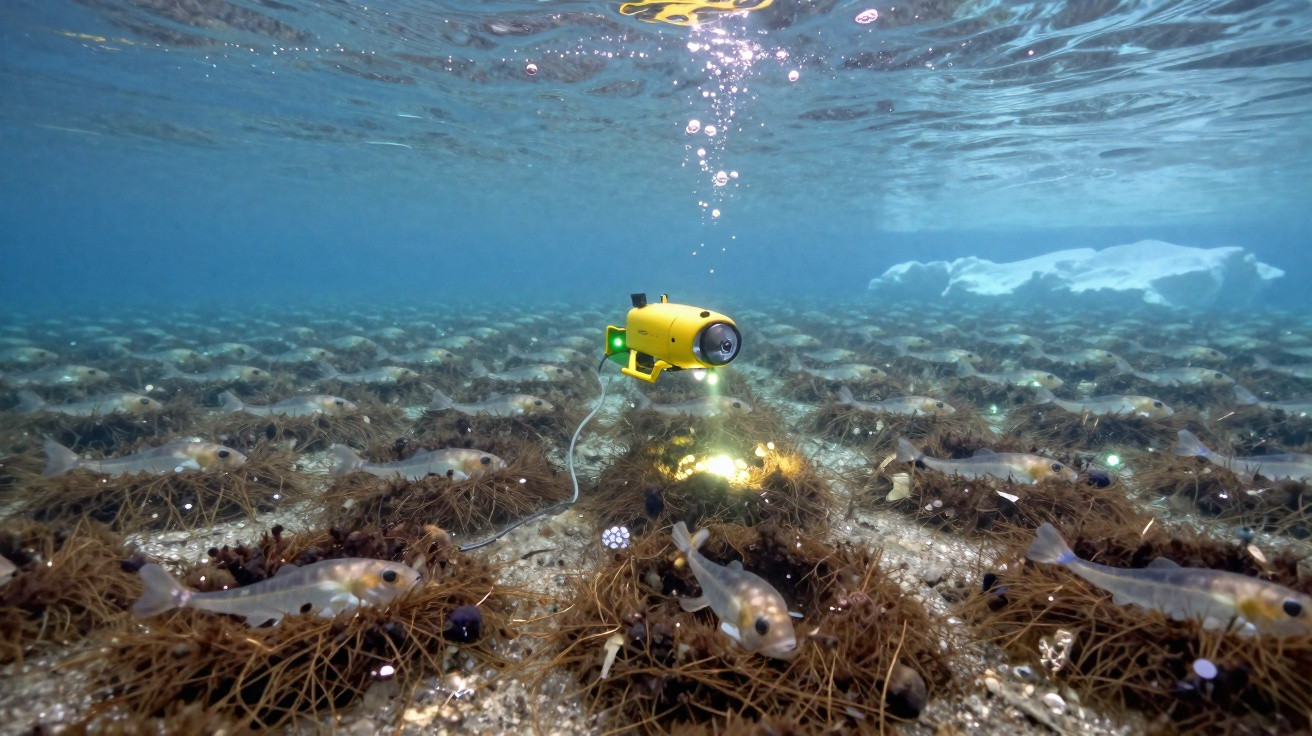 Veículo subaquático amarelo com luzes a examinar fundo marinho com algas e peixes.