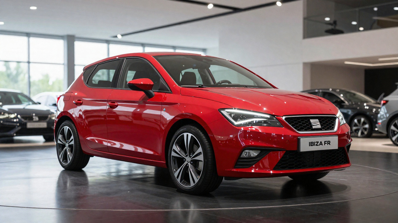 Carro vermelho Seat Ibiza FR exposto em showroom moderno com iluminação natural e outros veículos ao fundo.