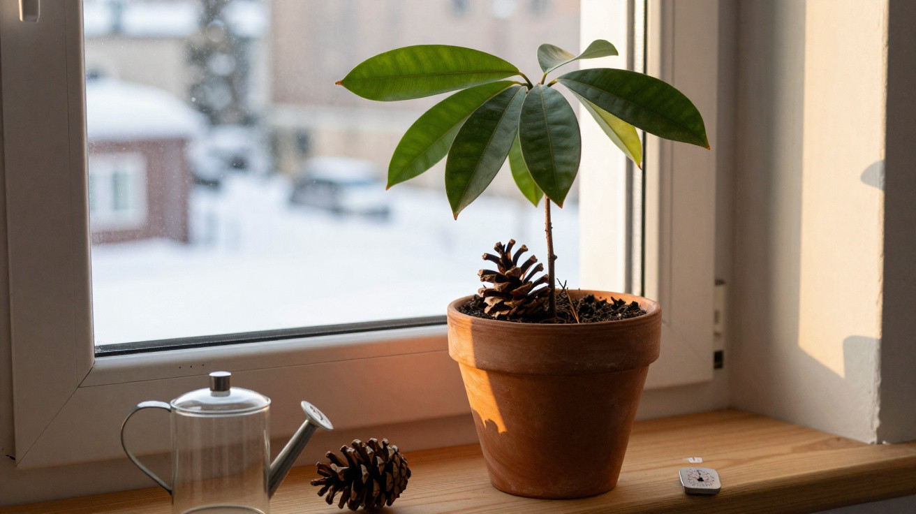 Vaso de barro com planta jovem e pinha junto a janela com neve do lado de fora.