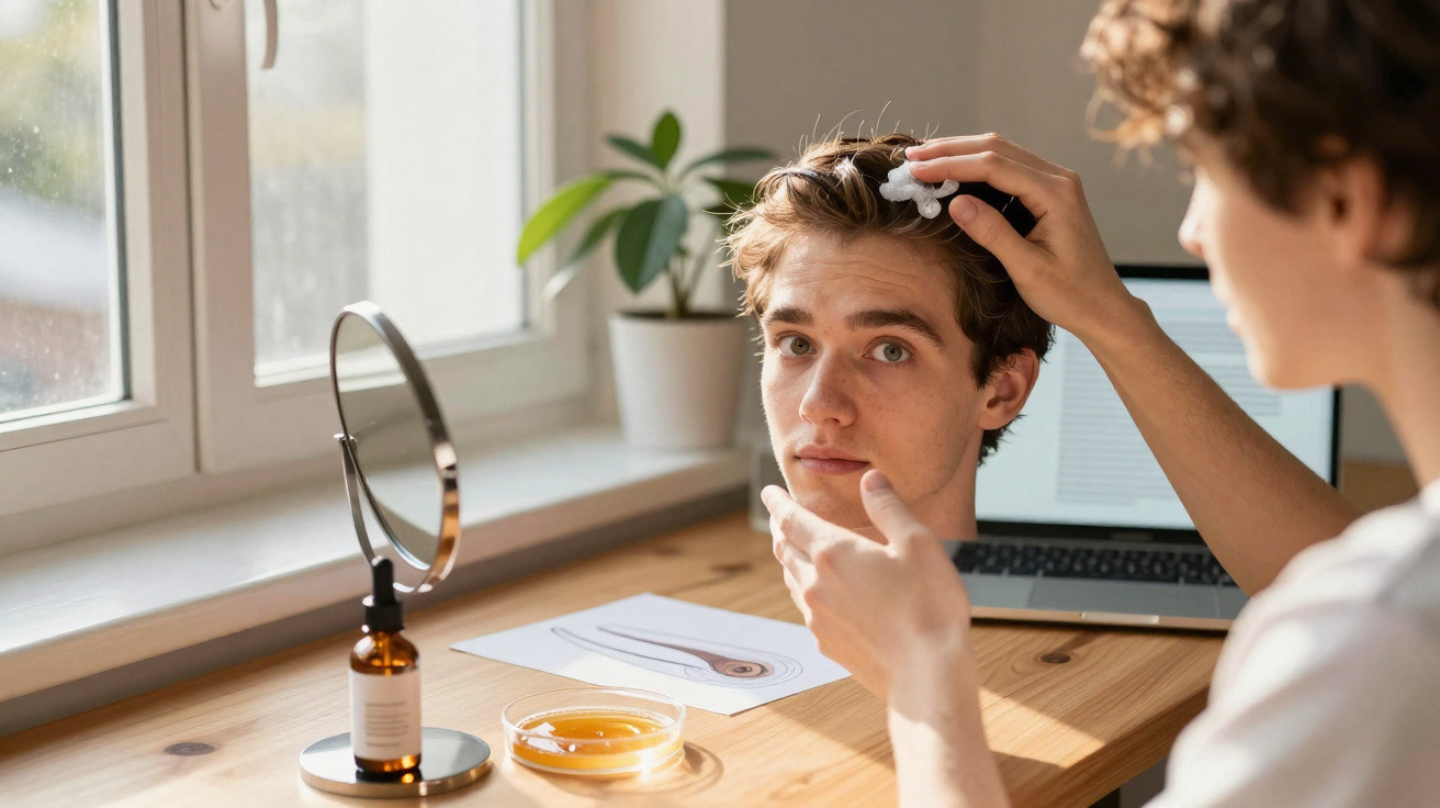 Homem a aplicar creme capilar enquanto observa o reflexo no espelho junto a mesa com laptop e plantas.